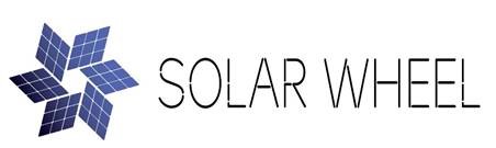 Päikesepaneelidest stiliseeritud päike ja kiri SOLAR WHEEL